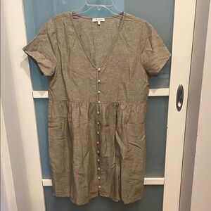 Madewell Tan Brown Buttoned V-Neck Dress with Pockets, L, lightweight dress